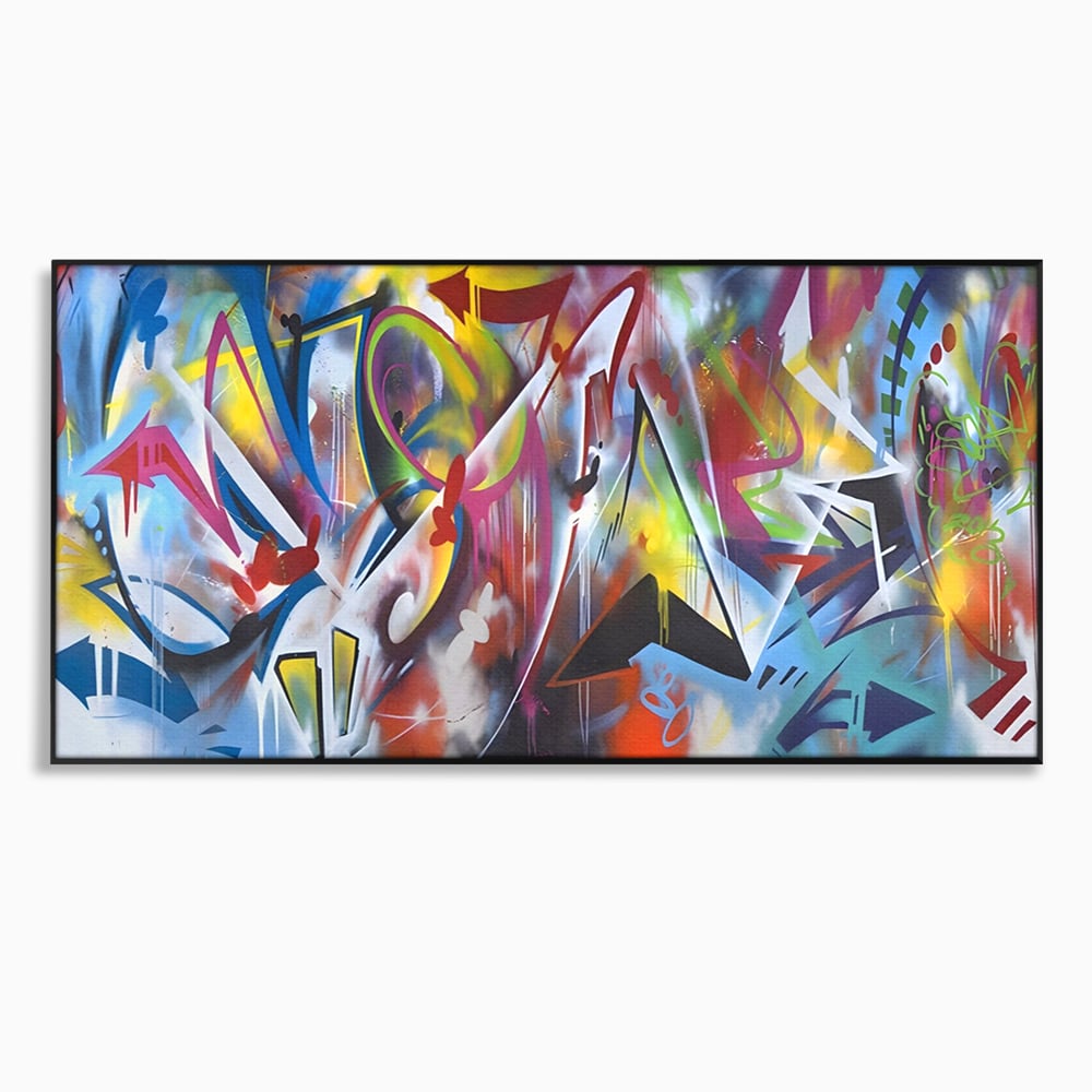Tablou canvas cu tablou canvas cu arta graffiti colorata, in rama de aluminiu negru